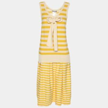 Pre Owned Sonia Rykiel Yellow/Beige Stripped Knit Top and Skirt Set M
