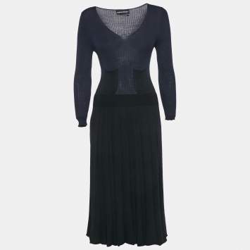 Pre Owned Sonia Rykiel Navy Blue/Black Rib Knit V-Neck Midi Dress M