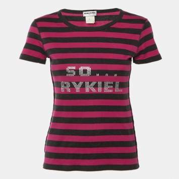 Pre Owned Sonia Rykiel Pink Striped Cotton So Rykiel Embellished T-Shirt S