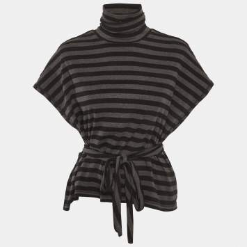 Pre Owned Sonia Rykiel Grey Striped Jersey Belted Top M