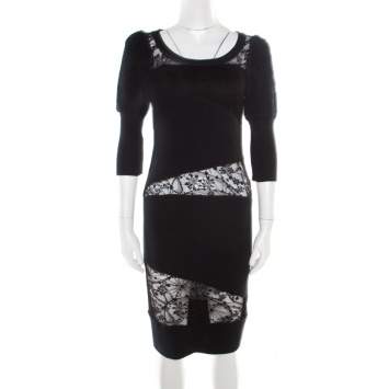 Pre Owned Sonia Rykiel Green and Black Lace Paneled Textured Sleeve Detail Sheath Dress S