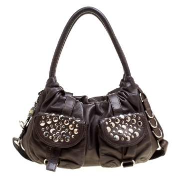 Pre Owned Sonia Rykiel Dark Brown Leather Studded Satchel