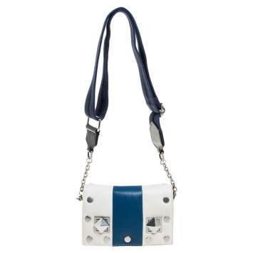 Pre Owned Sonia Rykiel White/Blue Leather Studded Flap Crossbody Bag