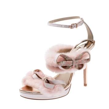 Pre Owned Sophia Webster Pink Faux Fur And Leather Bella Bow Embellished Ankle Strap Sandals Size 39