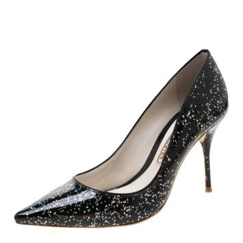 Pre Owned Sophia Webster Black Glitter Patent Leather Pointed Toe Pumps Size 38