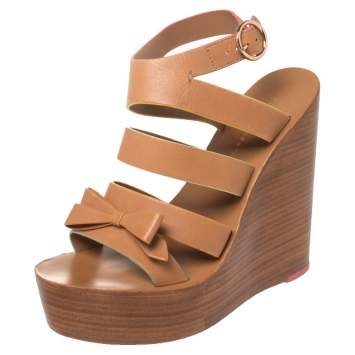 Pre Owned Sophia Webster Brown Leather Samara Strappy Wedge Platform Ankle Strap Sandals Size 38.5