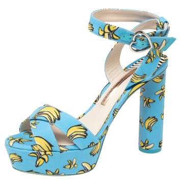 Pre Owned Sophia Webster Blue Banana Printed Fabric Amanda Ankle Strap Platform Sandals Size 37.5