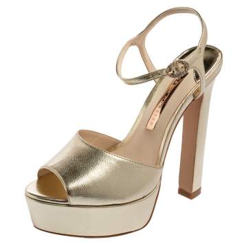 Pre Owned Sophia Webster Gold Leather Natalia Platform Ankle Strap Sandals Size 38.5