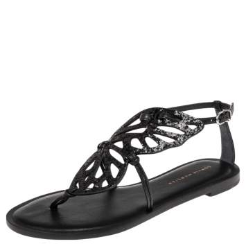 Pre Owned Sophia Webster Black Glitter Leather Butterfly Flat Sandals Size 38