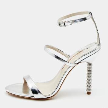 Pre Owned Sophia Webster Silver Leather Rosalind Crystal Heel Ankle Strap Sandals Size 39.5