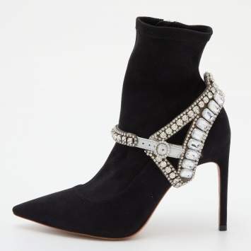 Pre Owned Sophia Webster Black Suede Crystal Embellished Lorena Ankle Booties Size 38