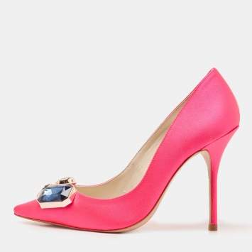 Pre Owned Sophia Webster Hot Pink Satin Lola Gem Pointed Toe Pumps Size 37.5