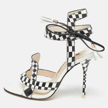 Pre Owned Sophia Webster White/Black Checkered Leather Poppy Sandals Size 35.5