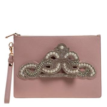 Pre Owned Sophia Webster Powder Pink Leather Flowwy Royalty Wristlet Clutch