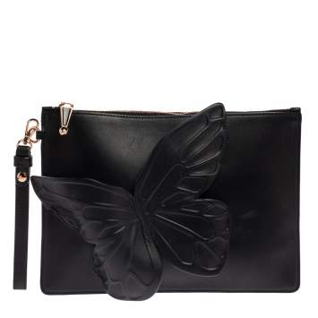 Pre Owned Sophia Webster Black Leather Butterfly Wristlet Clutch