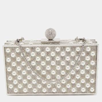 Pre Owned Sophia Webster Silver Crystal/Pearl Embellished Clara Box Clutch