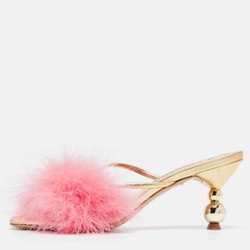 Pre Owned Sophia Webster Pink/Gold Leather and Fur Slide Sandals Size 40