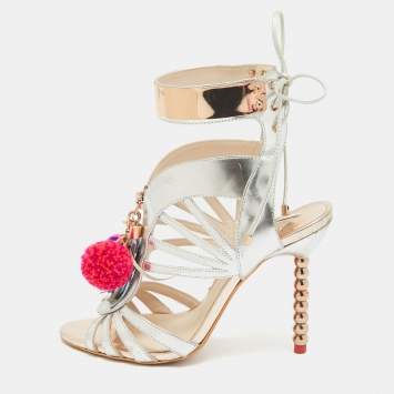 Pre Owned Sophia Webster Silver Mirrored Leather Yasmina Pom Pom Embellished Sandals Size 37