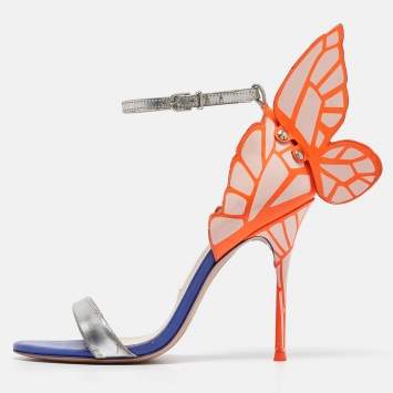 Pre Owned Sophia Webster Silver/Orange Leather Chiara Butterfly Sandals Size 36.5
