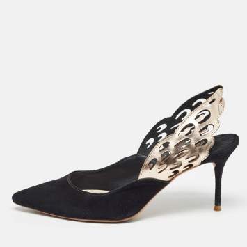 Pre Owned Sophia Webster Black/Metallic Bronze Suede And Leather Angelo Slingback Pumps Size 37