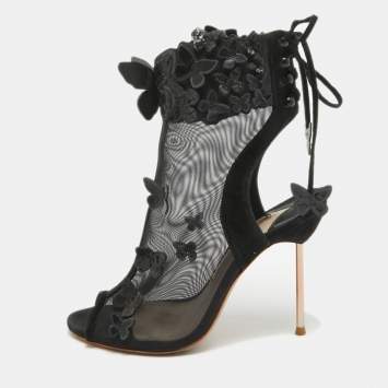 Pre Owned Sophia Webster Black Suede and Mesh 3D Butterfly Harmony Booties Size 37