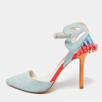 Pre Owned Sophia Webster Light Blue Suede and Leather Chiara Butterfly Ankle Strap Pumps Size 37.5