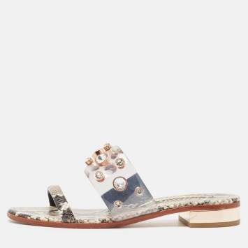 Pre Owned Sophia Webster Beige Snakeskin Embossed And PVC Dina Slide Sandals Size 39