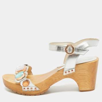 Pre Owned Sophia Webster Silver Leather Studded Jewel Ankle Strap Sandals Size 40