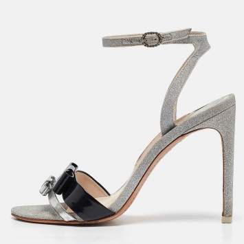 Pre Owned Sophia Webster Metallic/Black Glitter and Leather Ankle Strap Sandals Size 37.5