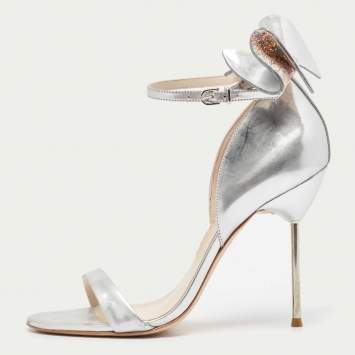 Pre Owned Sophia Webster Silver Leather Chiara Bow Ankle Strap Sandals Size 39