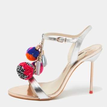 Pre Owned Sophia Webster Silver Laminated Leather Layla Ankle Strap Sandals Size 38.5