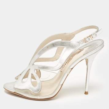 Pre Owned Sophia Webster Silver Leather Floral Applique Slingback Sandals Size 39