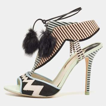 Pre Owned Sophia Webster Multicolor Patent Leather Fur Pom Pom Ankle Tie Up Sandals Size 41