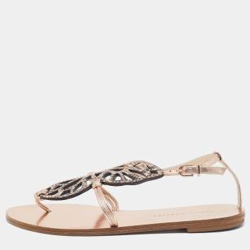Pre Owned Sophia Webster Rose Gold/Black Leather Studded Butterfly Flat Sandals Size 36.5