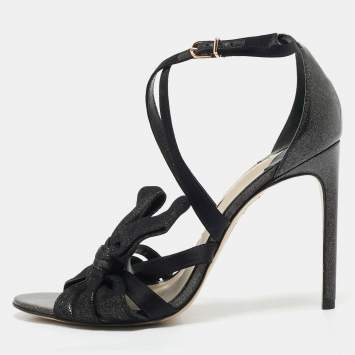 Sophia Webster Black Metallic Leather an Fabric Bonnie Ankle Strap Sandals Size 39