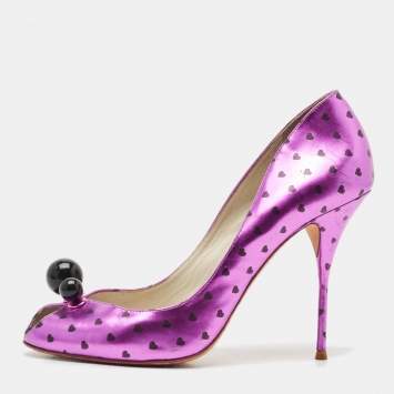 Pre Owned Sophia Webster Metallic Purple Heart Print Leather Loren Peep Toe Pumps Size 41