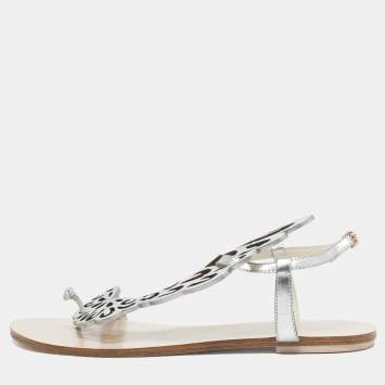 Pre Owned Sophia Webster Silver Leather Madame Butterfly Slingback Flat Slides Size 41