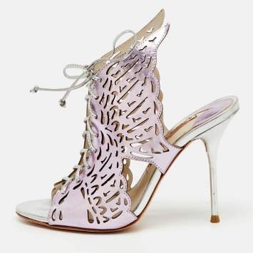 Pre Owned Sophia Webster Metallic Purple Laser Cut Foil Leather Cherub Winged Lace Up Mule Sandals Size 36
