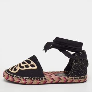 مملوكة مسبقًا Sophia Webster Bibi Butterfly Size 35 Black Canvas Espadrille Ankle Strap Sandals