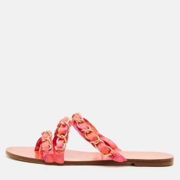 Pre Owned صندل سُوفيا وِيبستر مسطح قماش برتقالي/وردي سلسلة رابط مقاس 39.5