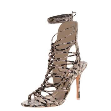 Pre Owned Sophia Webster Beige Leopard Print Leather Lacey Tie Up Sandals Size 39.5