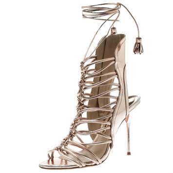 Pre Owned Sophia Webster Metallic Rose Gold Leather Lacey Tie Up Sandals Size 38
