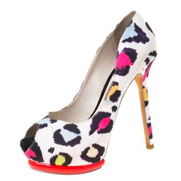 Pre Owned Sophia Webster Mutlicolor Leopard Print Fabric Peep Toe Platform Pumps Size 38.5