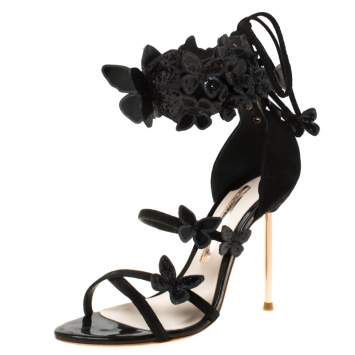 Pre Owned Sophia Webster Black Suede And Patent Leather Harmony Butterfly Ankle Cuff Sandals Size 35