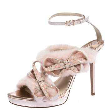 Pre Owned Sophia Webster Pink Faux Fur And Leather Bella Bow Embellished Ankle Strap Sandals Size 38.5
