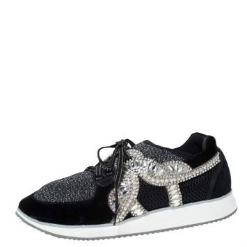 Pre Owned Sophia Webster Black Velvet/Mesh and Embellishment Royalty Low Top Sneakers Size 41.5
