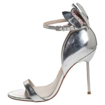 Pre Owned Sophia Webster Metallic Silver Leather Maya Crystal Embellished Bow Ankle Strap Sandals Size 37.5