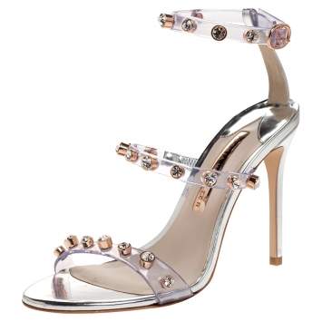 Pre Owned Sophia Webster Sliver Leather And PVC Crystal Embellished Ankle Strap Sandals Size 37
