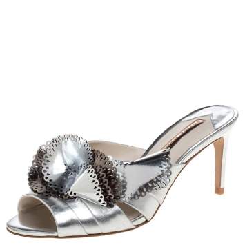 Pre Owned Sophia Webster Metallic Silver Laser Cut Leather Soleil Mules Size 36
