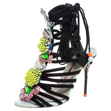 Pre Owned Sophia Webster Multicolor Patent Leather and Suede Lilico Underwater Ankle Wrap Sandals Size 35.5
